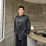 秋季中式盘扣立领长袖男女衬衣潮流复古缎面印花竹叶衬衫176P75，男装衬衫，星座901-1（原C217）