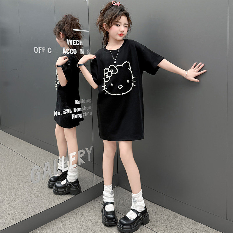 女大童T恤裙子2025夏季新款洋气儿童珍珠猫连衣裙小女孩夏装长T潮