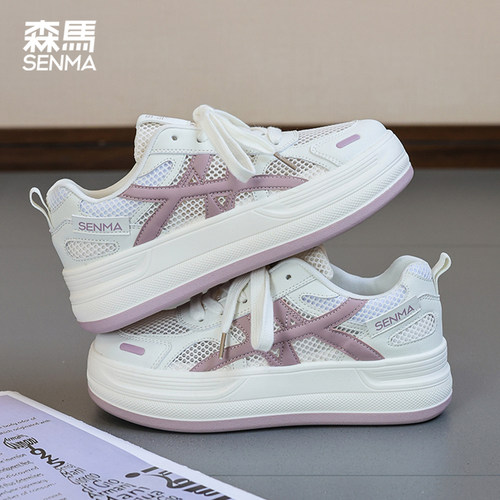 森马女夏季网面透气厚底小白鞋