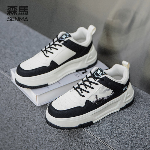 森马夏季高帮板鞋男2025新款韩版百搭厚底黑色复古工装运动休闲鞋