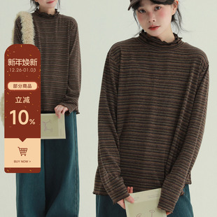 针织上衣 木耳边棕色系条纹打底复古半高领长袖 稀有RARE 肉桂卷