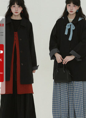 稀有RARE“枫叶”袖口格子拼接风衣休闲复古学院大衣翻领通勤外套