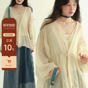 温柔慵懒风小衫 罩衫 宽松轻盈小众上衣 系带苎麻泡泡长袖 稀有RARE