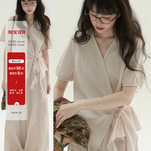稀有RARE “荷叶”系带v领衬衫甜美减龄短袖收腰绑带设计感上衣女