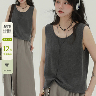 显瘦上衣女 慵懒风U领吊带背心女夏宽松无袖 稀有RARE 亚麻背心美式