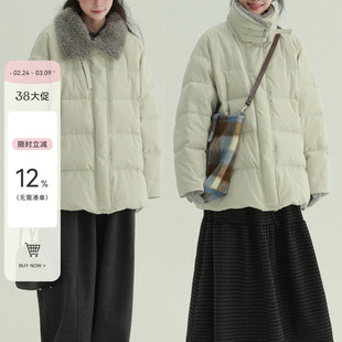 稀有RARE 毛领可拆卸米杏色中长款90绒羽绒服休闲冬季保暖外套女