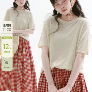 稀有RARE 日系休闲简约基础T恤复古文艺显瘦百搭上衣 亚麻圆领短袖