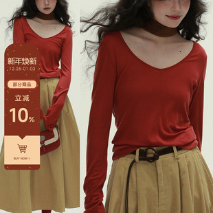 百搭舒适简约小众设计感上衣 复古修身 稀有RARE 天丝羊毛大v领长袖
