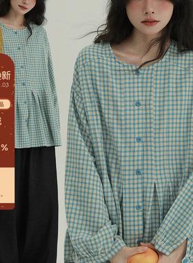 稀有RARE 元气甜点少女荷叶边格子长袖衬衫文艺休闲舒适简约上衣