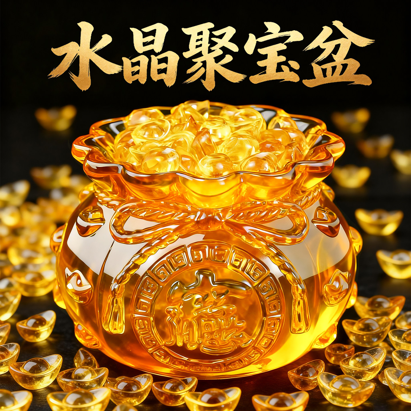 黄水晶琉璃聚宝盆福袋聚宝盆客厅玄关工位店铺摆件钱袋元宝工艺品图片