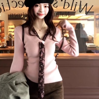 2025新款韩系设计感粉色v领针织毛衣秋冬季修身内搭打底长袖上衣