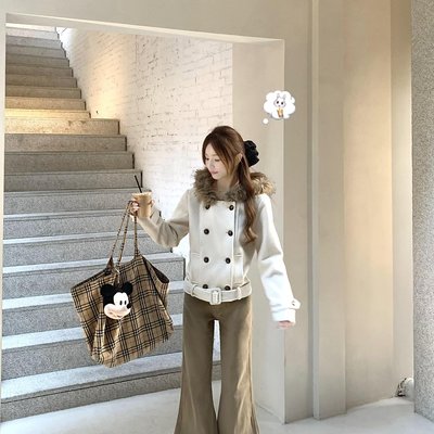 实拍 秋冬毛领毛呢子羽绒大衣韩系棕色短款羊毛外套上衣女