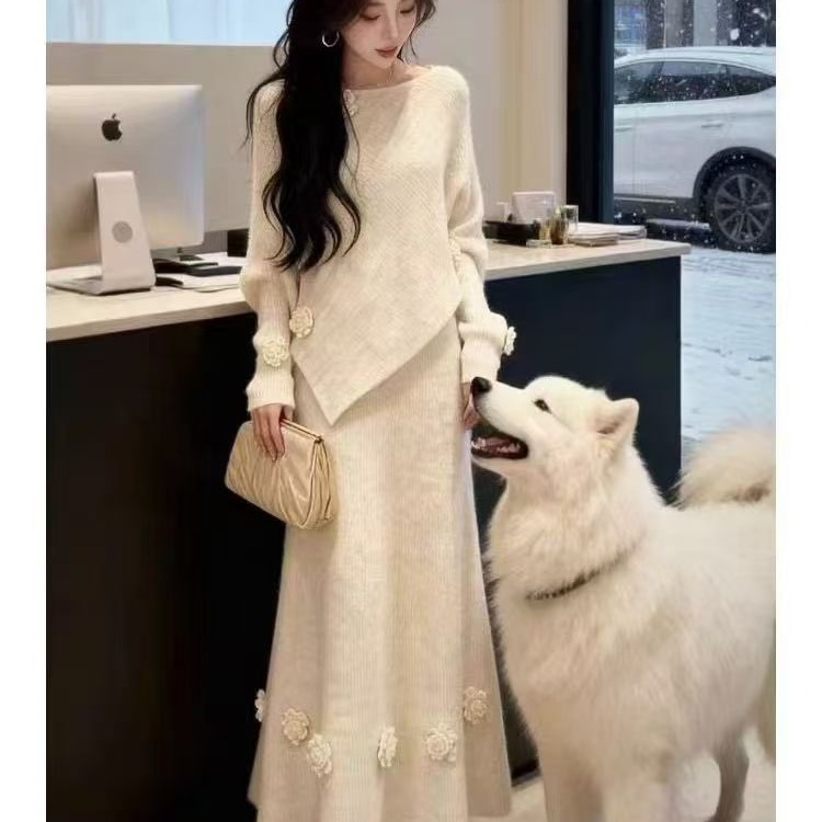 高级感时尚白色毛衣套装裙女秋冬2025新款洋气减龄针织裙子两件套