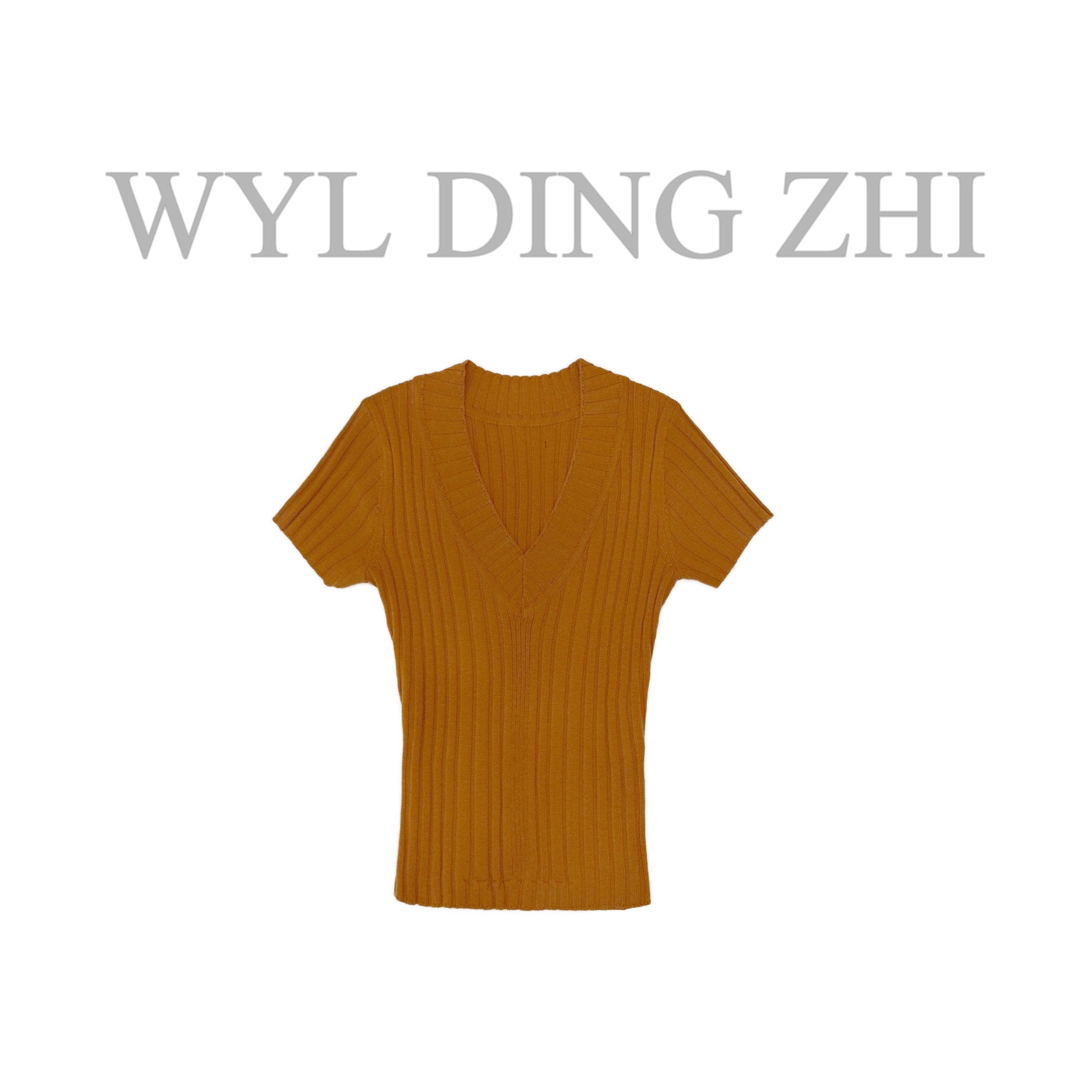 叁吉 大雯子 v领坑条高弹针织冰感收腰针织衫短袖上衣女