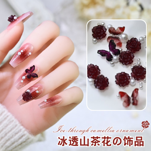 红色山茶花美甲饰品立体蝴蝶