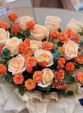 香槟玫瑰橙色芭比泡泡鲜花花束云南昆明基地直发同城速递元旦节