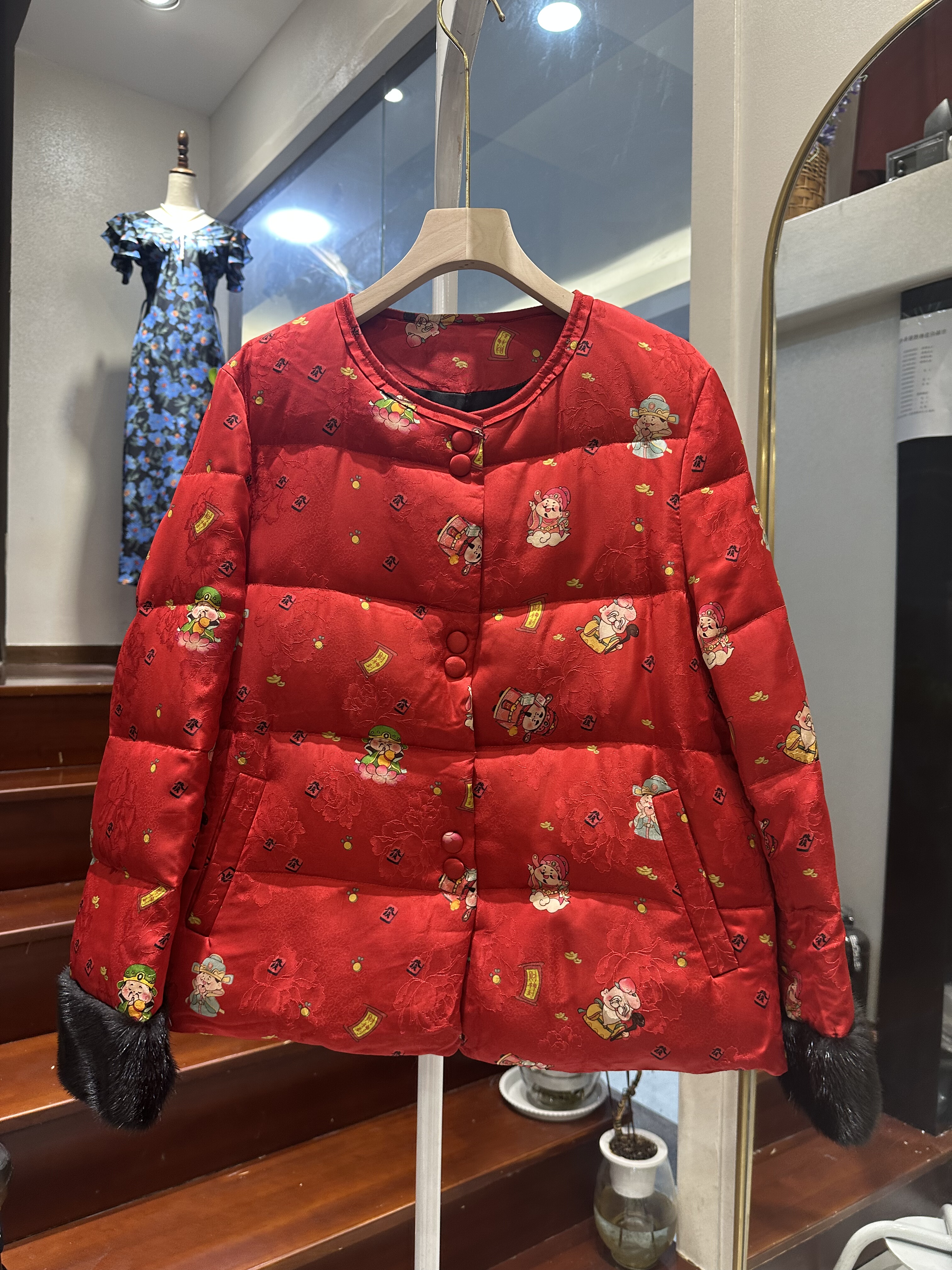 欧洲站新中式国风圆领拼接水貂毛皮草外套女洋气印花白鹅绒羽绒服