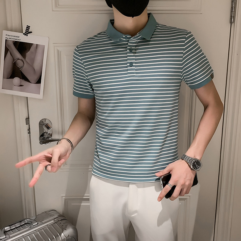 2024夏季条纹精神小伙短袖POLO衫社会青年上衣潮D326-16838P55,男装Polo衫,星座1101