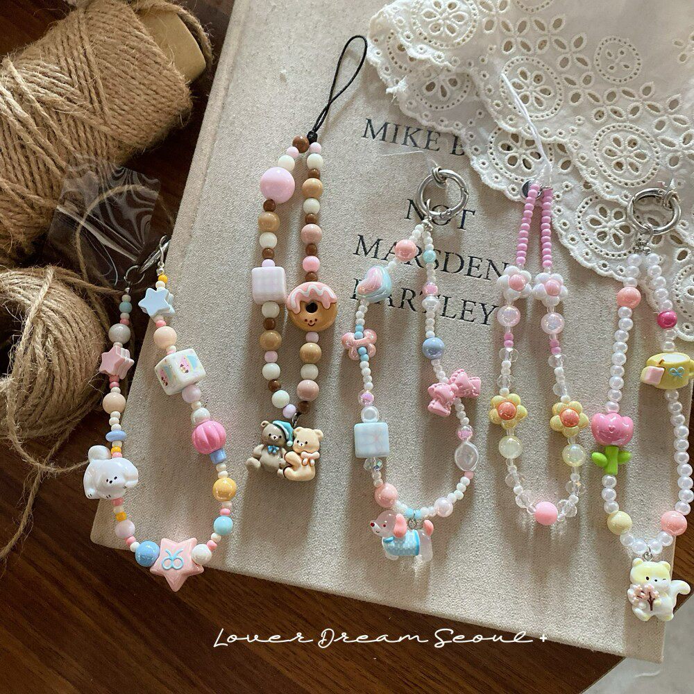 2025热销韩国新款粉色卡通小熊小狗串珠手机链 可爱挂饰钥匙扣包