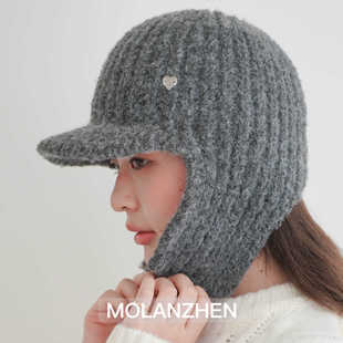 2025热销韩系爱心标含羊毛针织护耳帽秋冬保暖飞行帽百搭显脸小护