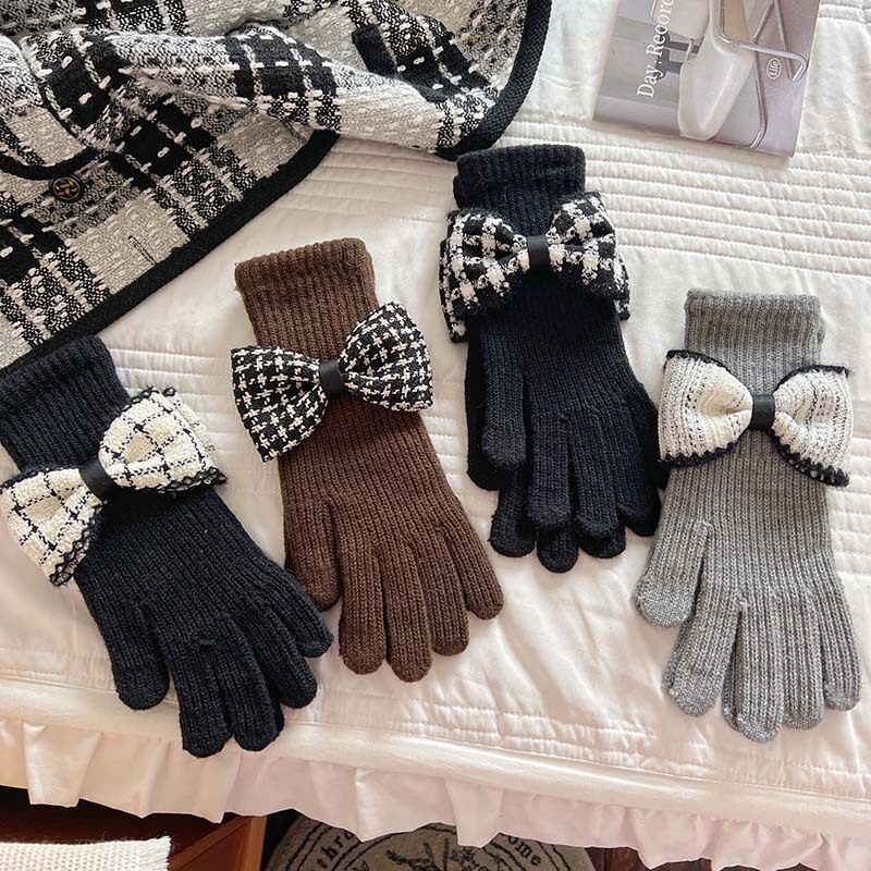 2025热销韩国东大门新款女毛线针织蝴蝶结手套冬季保暖分指可触屏