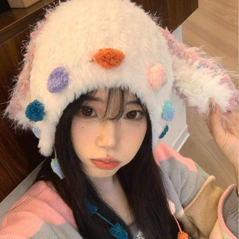 冬天可爱兔子耳朵毛绒针织帽子女甜美百搭保暖护耳彩色绑带雷锋帽