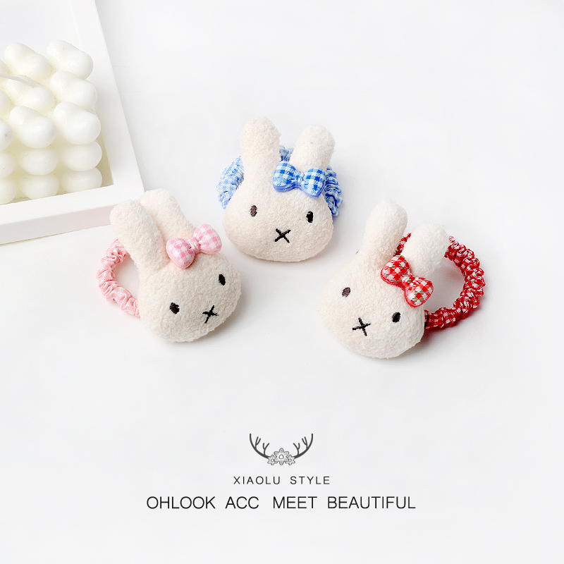 可爱甜美红色格子蝴蝶结小兔发圈儿童高弹力扎发皮筋蓝色格子发饰