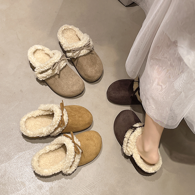 2025秋冬新款加绒二棉勃肯鞋女包头半拖外穿休闲懒人鞋一脚蹬棉鞋