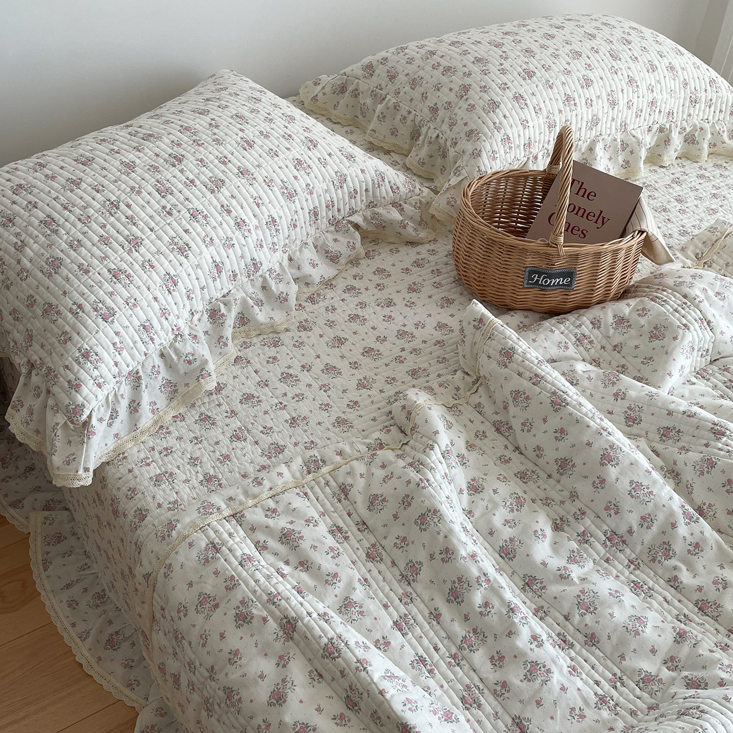 韩版全棉床盖被子四件套法式荷叶边花边双面纯棉公主风夹棉大床单