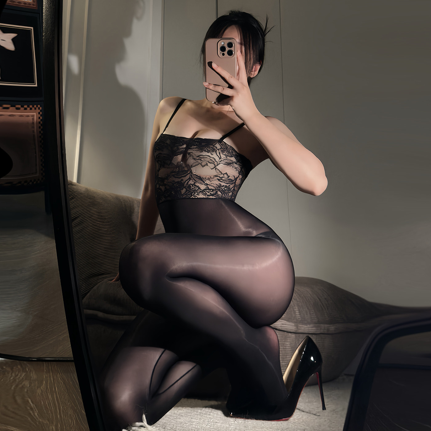 性感蕾丝抹胸连体衣透视诱惑内衣纯欲油亮包臀吊带超薄丝袜连体袜