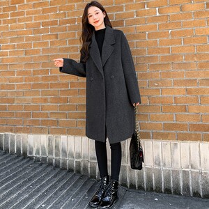 三只小山羊深灰色双面羊绒大衣女中长款2024秋冬新款高级感小个子