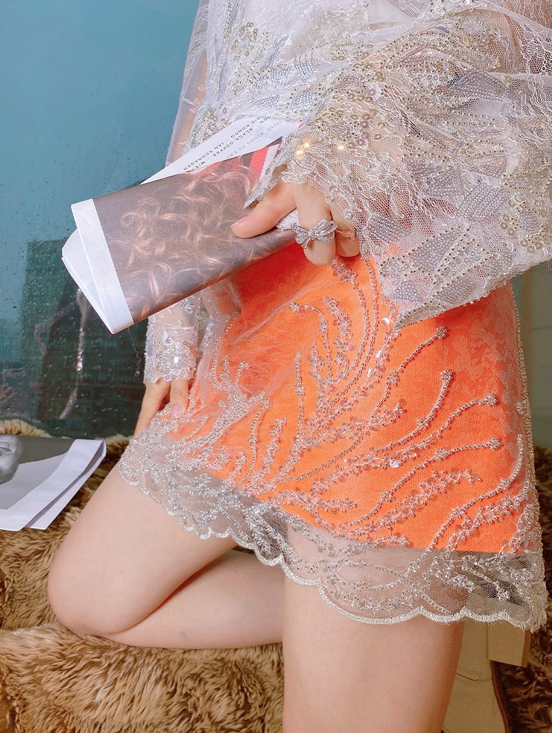 Miss Luxury 2020 genuine leather skirt lambskin embroidered beads lace A-line skirt carefully designed