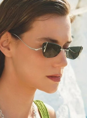 小众猫眼无框切边金属弯镜腿墨镜