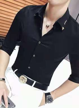 七分袖衬衫男装修身韩版潮流半袖夏季黑色个性发型师潮牌短袖寸衫