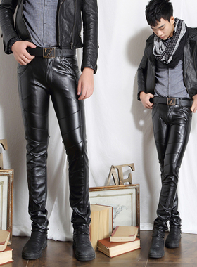 男士皮裤修身小脚裤韩版紧身潮流长裤冬季加绒发型师黑色机车皮裤