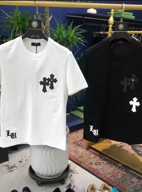 夏季爆款高品质贴布梵文刺绣十字架白色痞帅短袖男休闲马蹄T恤男