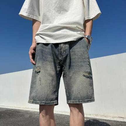 水洗破洞牛仔短裤男夏季潮牌美式痞帅休闲炸街设计感中裤2025年潮