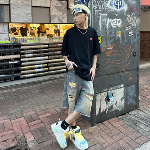 美式街头水洗做旧磨毛边破洞牛仔短裤男vintage潮牌夏季五分中裤