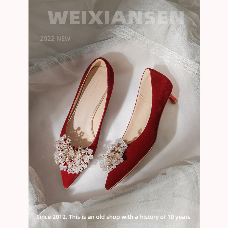 MR. MICRO HIGH HEELS WOMAN XIUHE WEDDING DRESS TWO WEAR BRIDAL SHOES BRIDESMAID SHOES WOMAN THIN HEEL RED LOW HEEL WEDDING SHOES WOMAN