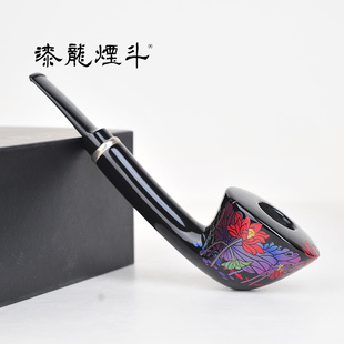中国漆龙35哥手工石楠木烟斗莳绘大漆工艺长杆都柏林斗柄纯银装饰