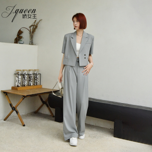 女夏季 套装 新款 时尚 两件套 短袖 百搭短外套宽松高腰垂感阔腿裤 西装