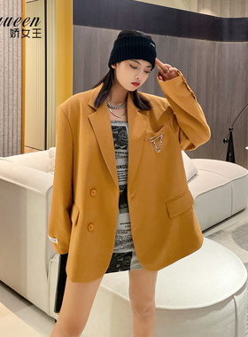 网红橙色小西装外套女春秋新款韩版气质宽松休闲廓型高级感小西服