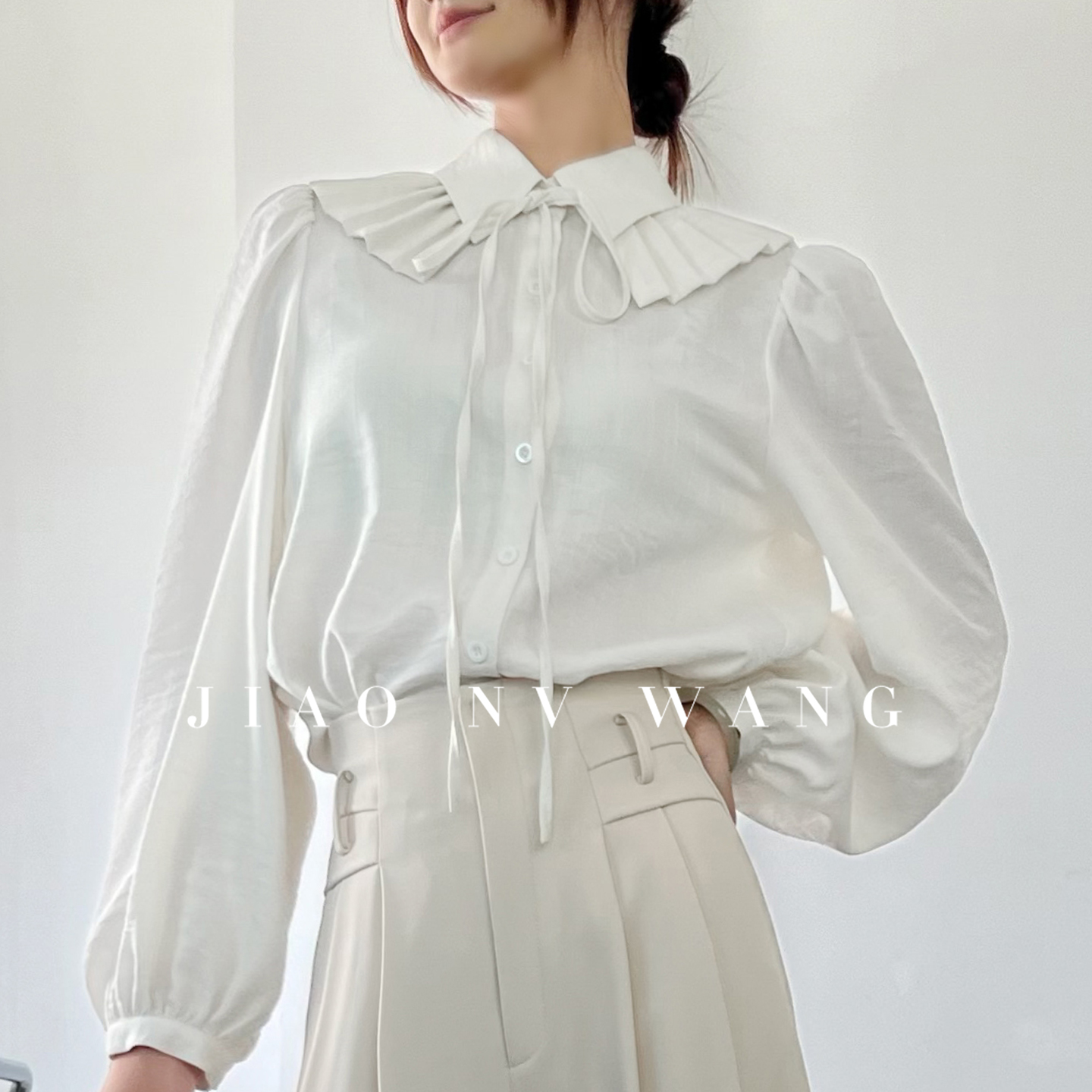 娇女王法式压褶花边领衬衫女秋