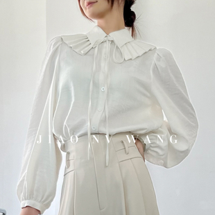 宫廷风高级感宽松百搭系带泡泡长袖 女秋季 上衣 压褶花边领衬衫 法式