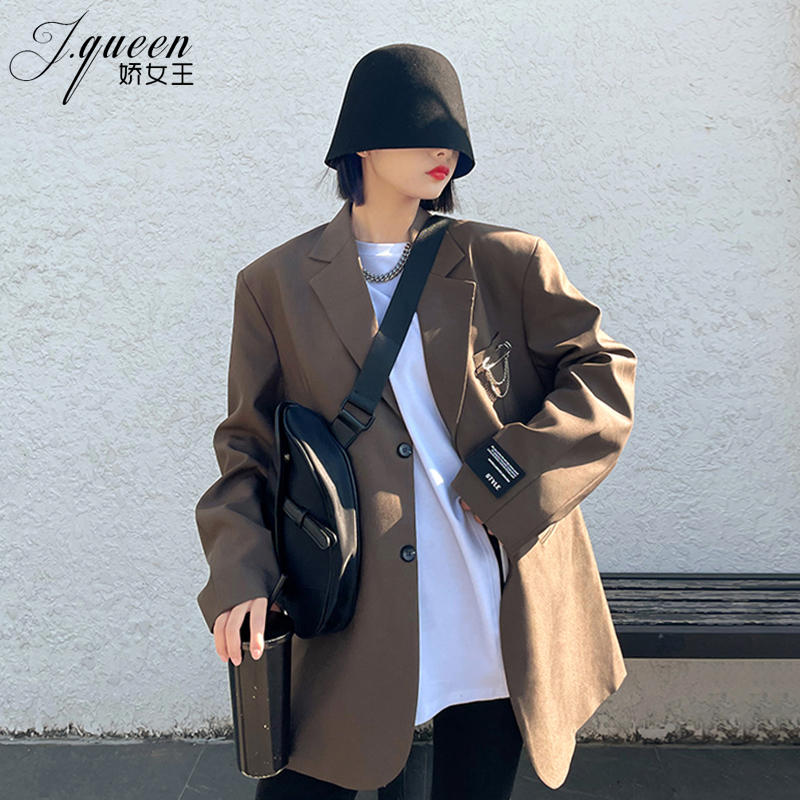 网红棕色bf风宽肩西装外套