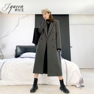 西装大衣女冬季夹棉2021新款赫本风高级感灰色中长款风衣毛呢外套