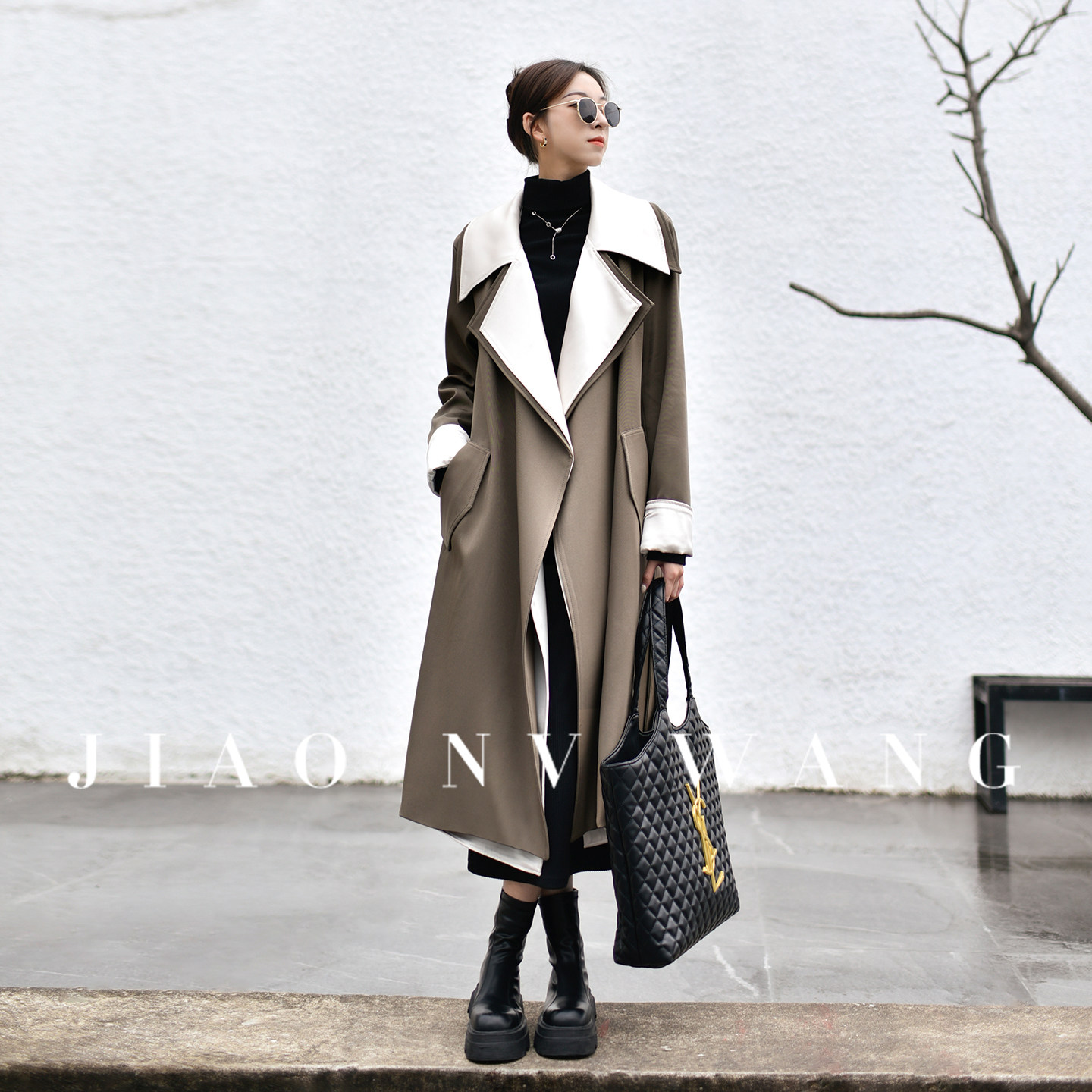 假两件风衣外套女秋季复古撞色翻领设计高级感时尚英伦风长款大衣,女装/女士精品,风衣,淘宝优惠券,粉丝福利购,淘宝优惠卷