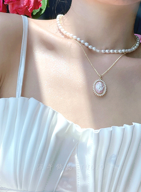 酒午郁金香淡水珍珠项链锁骨链