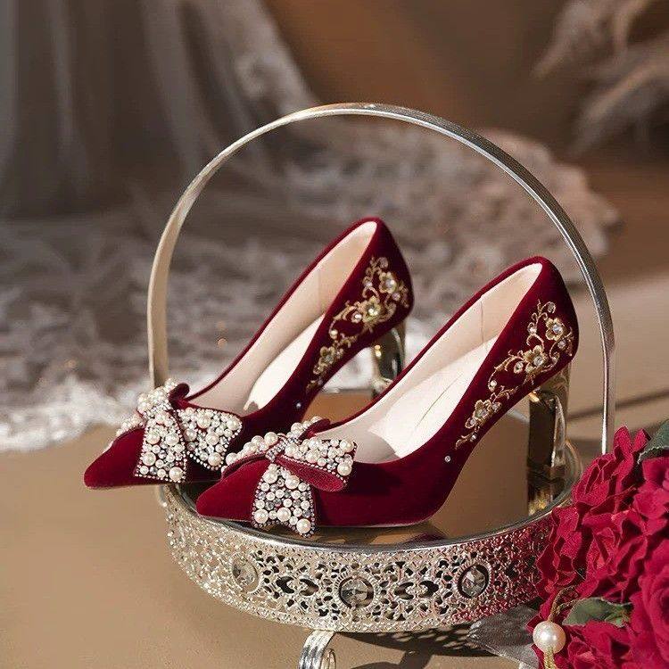红色绝美婚鞋女水钻珍珠蝴蝶结高跟鞋新娘鞋不累脚2026年春秋新款,女鞋,婚鞋,淘宝优惠券,粉丝福利购,淘宝优惠卷