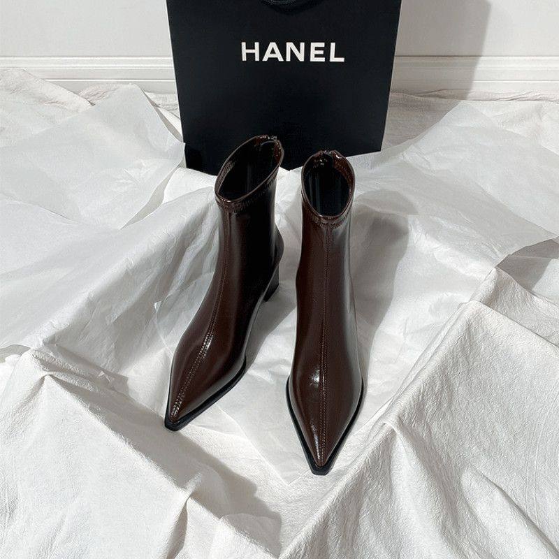 棕色尖头瘦瘦靴女秋冬新款百搭气质法式加绒弹力高跟短靴粗跟踝靴,女鞋,时装靴,淘宝优惠券,粉丝福利购,淘宝优惠卷